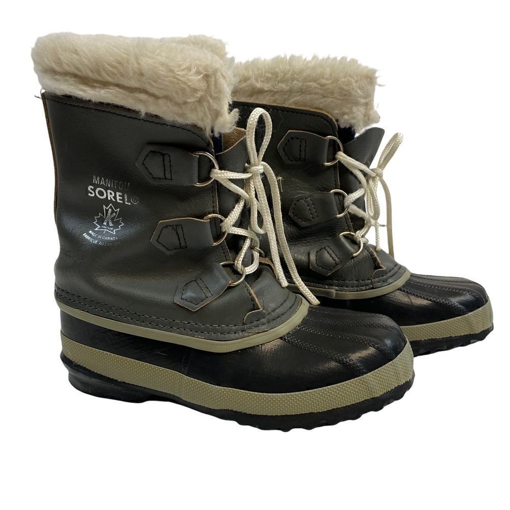 Sorel Unisex Gray Black Waterproof Faux Fur Lined Winter Snow Boots Size 3 Wool